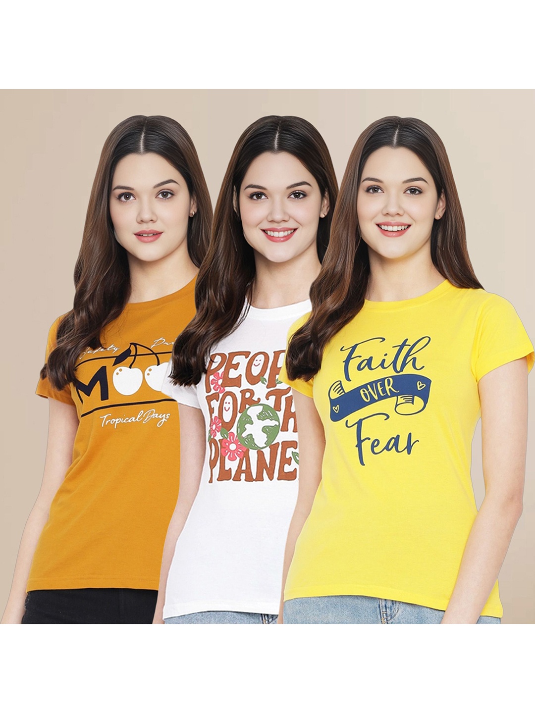 

Metronaut Women Pack Of 3 Typography Printed Round Neck Cotton T-shirts, Mustard
