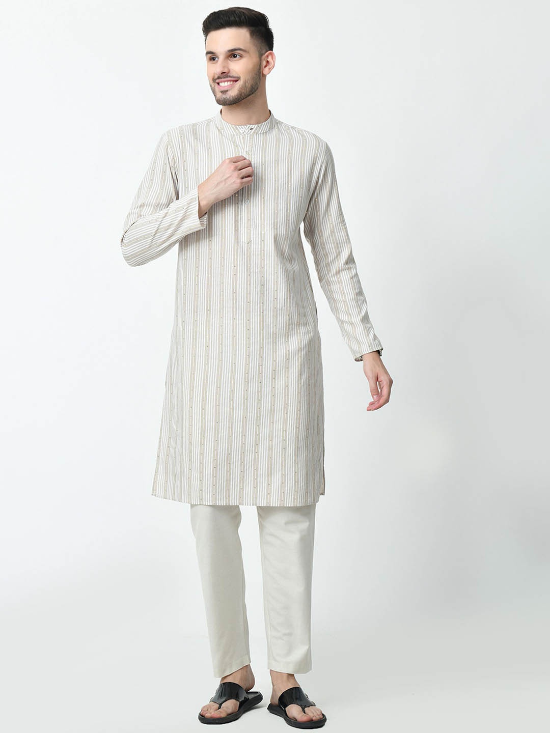 

AMBI Striped Band Collar Long Sleeves Regular Sequinned Straight Kurta, Beige