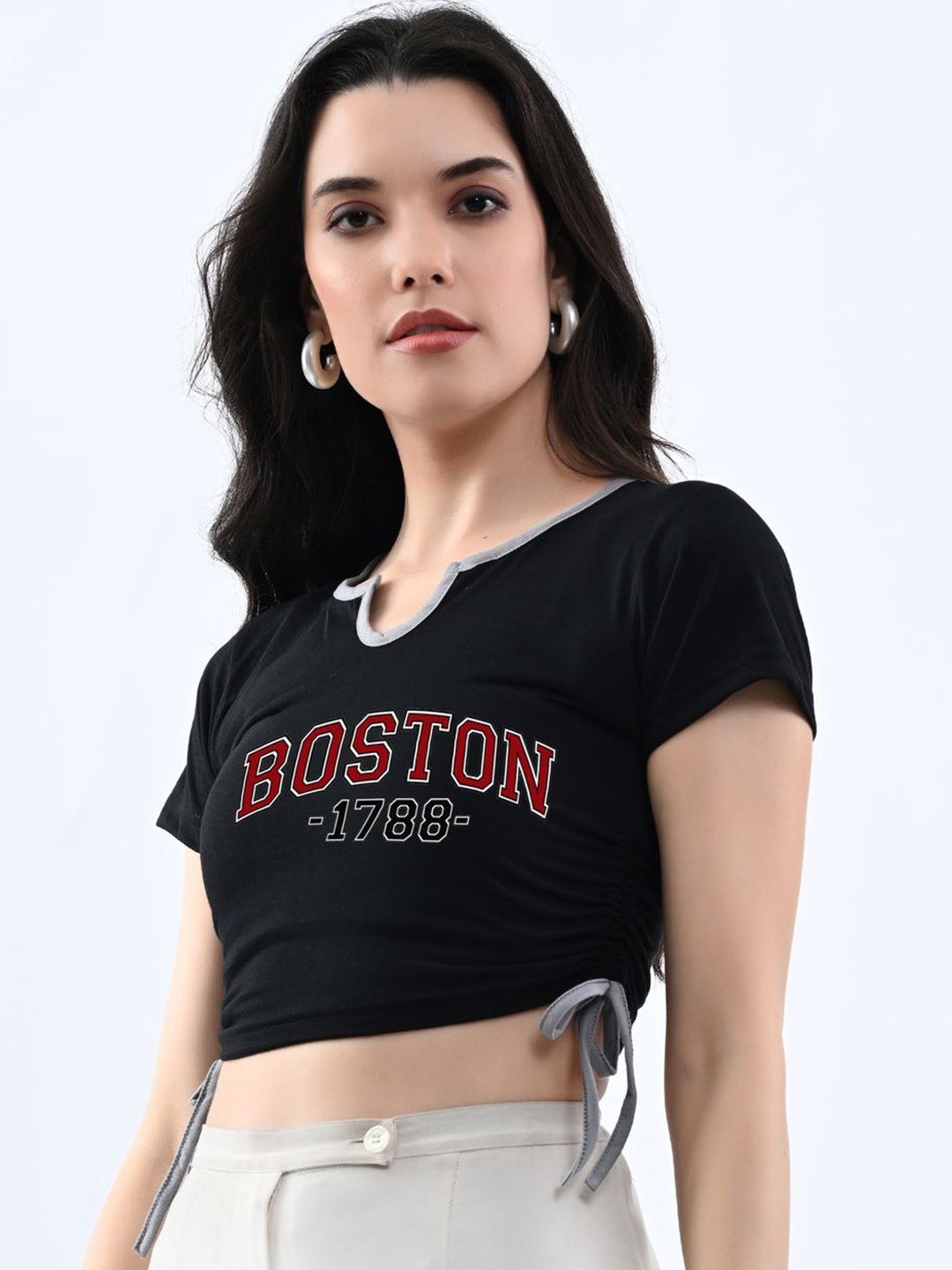 

Genzy Women round neck Cotton typography top, Black