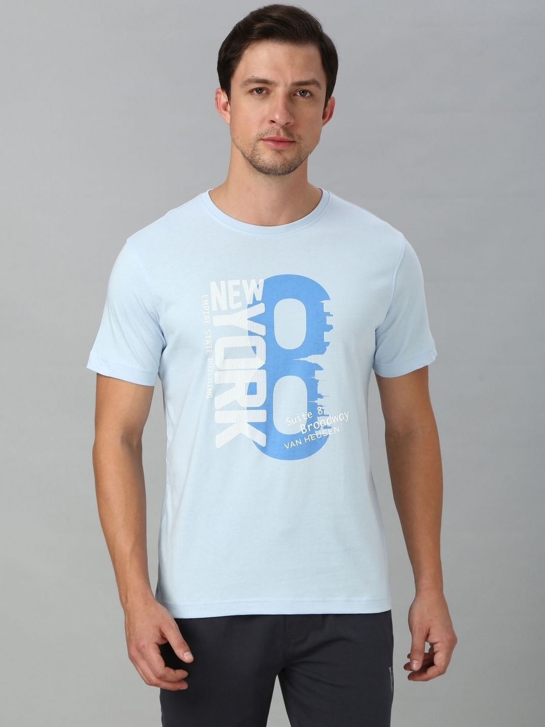 Van Heusen Men Typography Printed Round Neck Cotton T-shirt, Blue