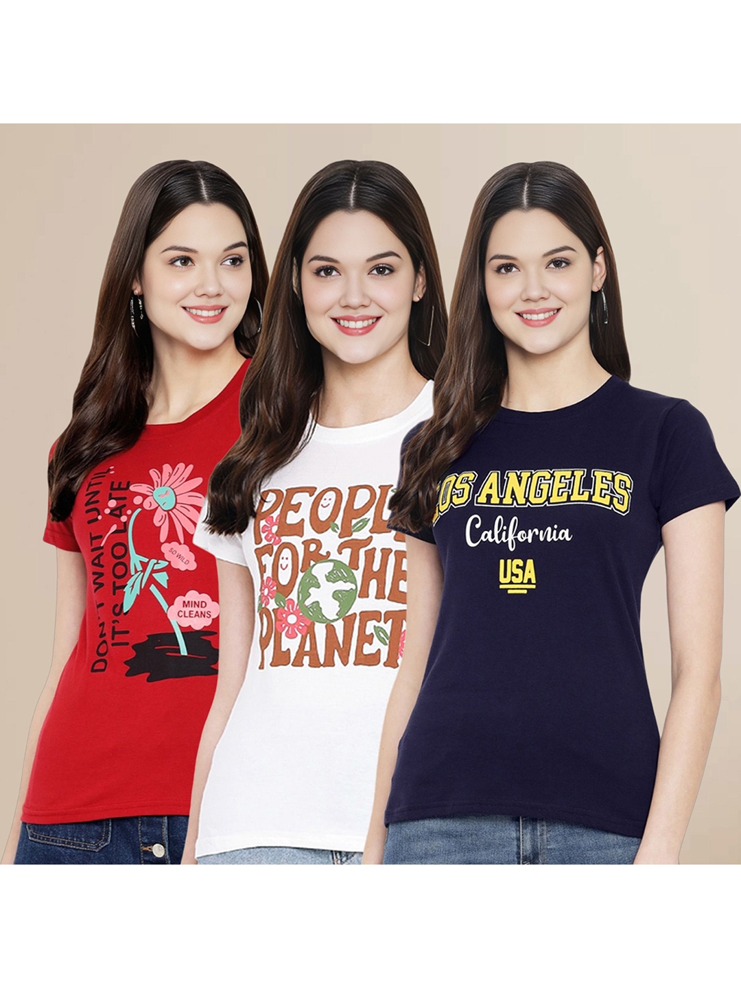 

Metronaut Women Pack Of 3 Typography Printed Round Neck Cotton T-shirts, White