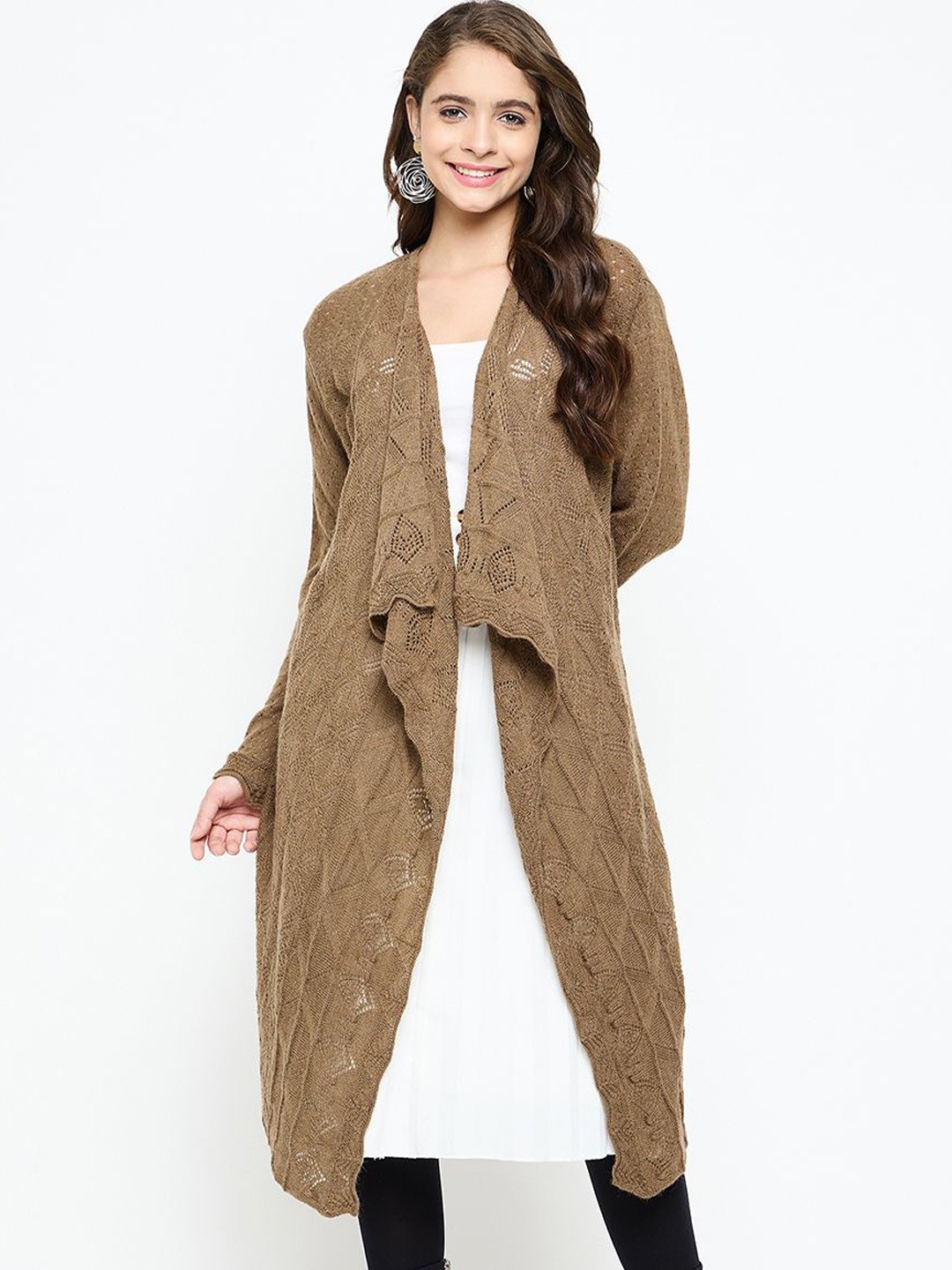 

CREATIVE LINE Self Design Longline Woollen Open Front Shrug, Brown