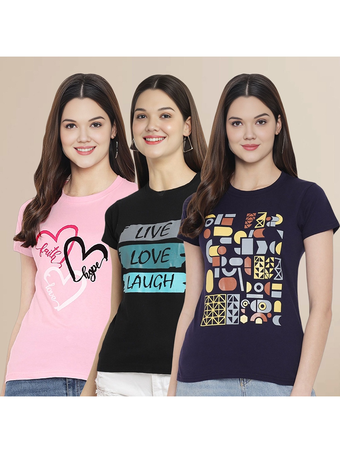 

Metronaut Women Pack Of 3 Typography Printed Round Neck Cotton T-shirts, Black