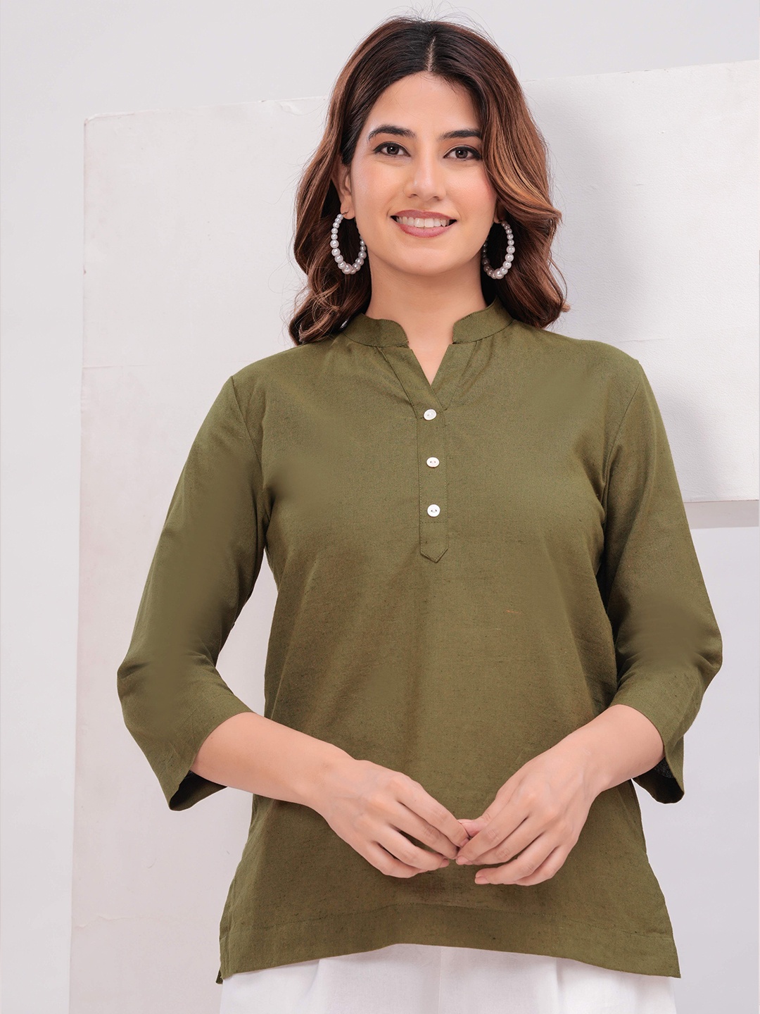 

KALINI Women Solid Cotton A-Line Top, Olive
