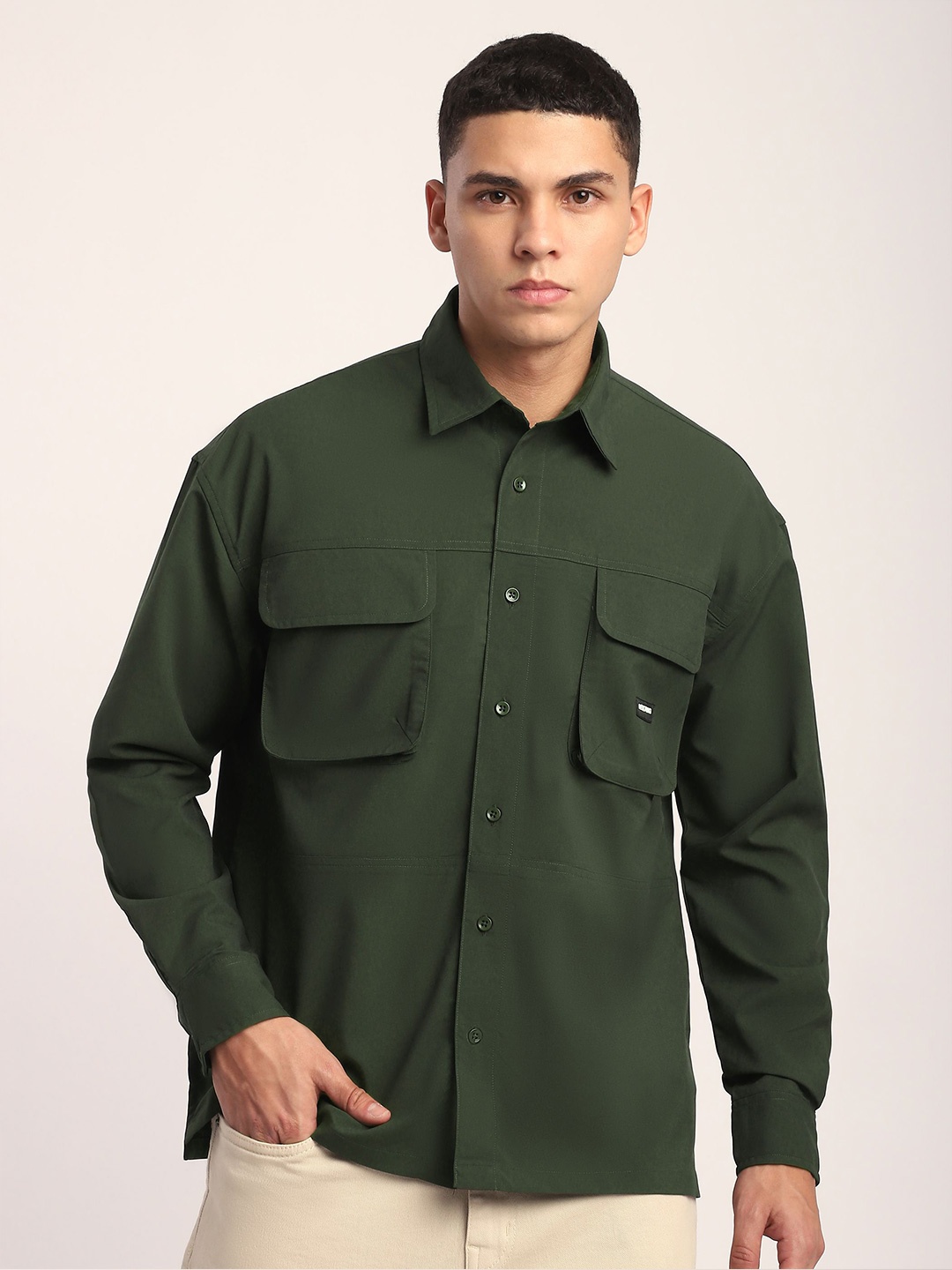 

Beyoung Men Club Collar Solid Cotton Casual Shirt, Green