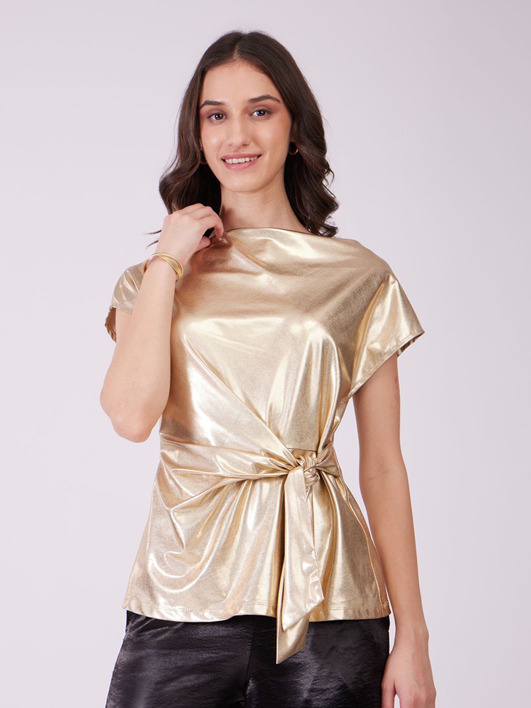 

FableStreet Women Self Design Fitted Top, Gold