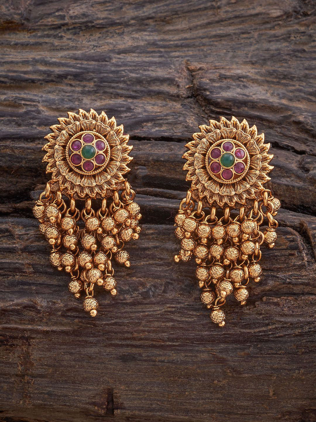 

Kushal's Fashion Jewellery Gold-Plated Ruby Stone Studded Antique Oval Drop Earrings