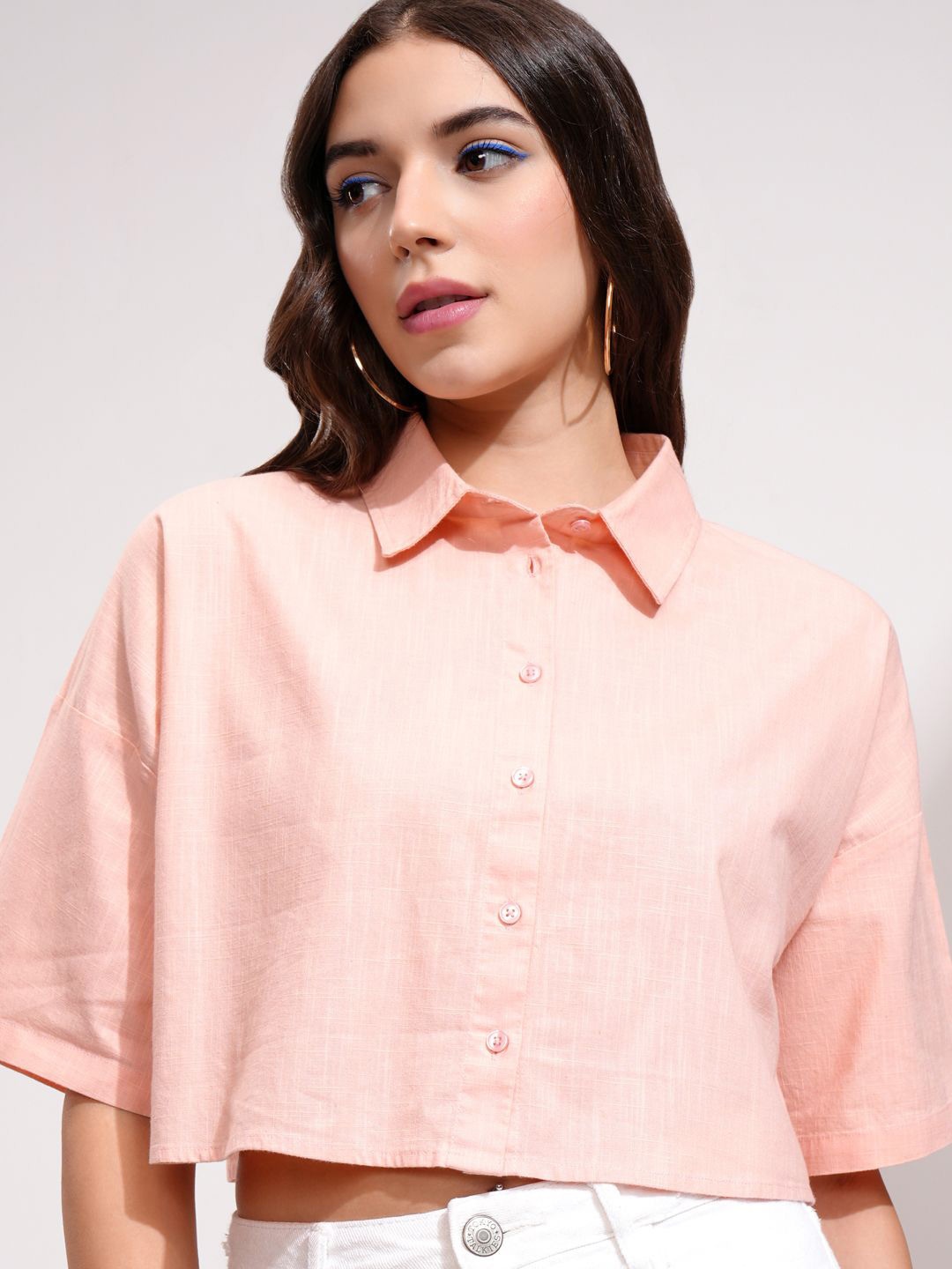 

Tokyo Talkies Women Buttondown Drop Shoulder Boxy Crop Shirt, Peach