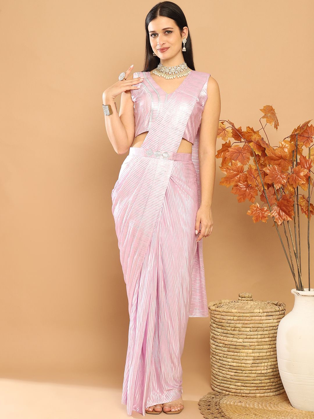 

Mitera Striped Ready to Wear Leheriya Saree, Pink
