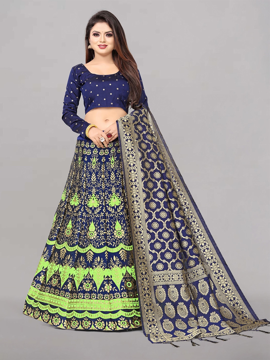 

Fabcartz Floral Woven Design Zari Semi-Stitched Lehenga & Unstitched Blouse With Dupatta, Blue