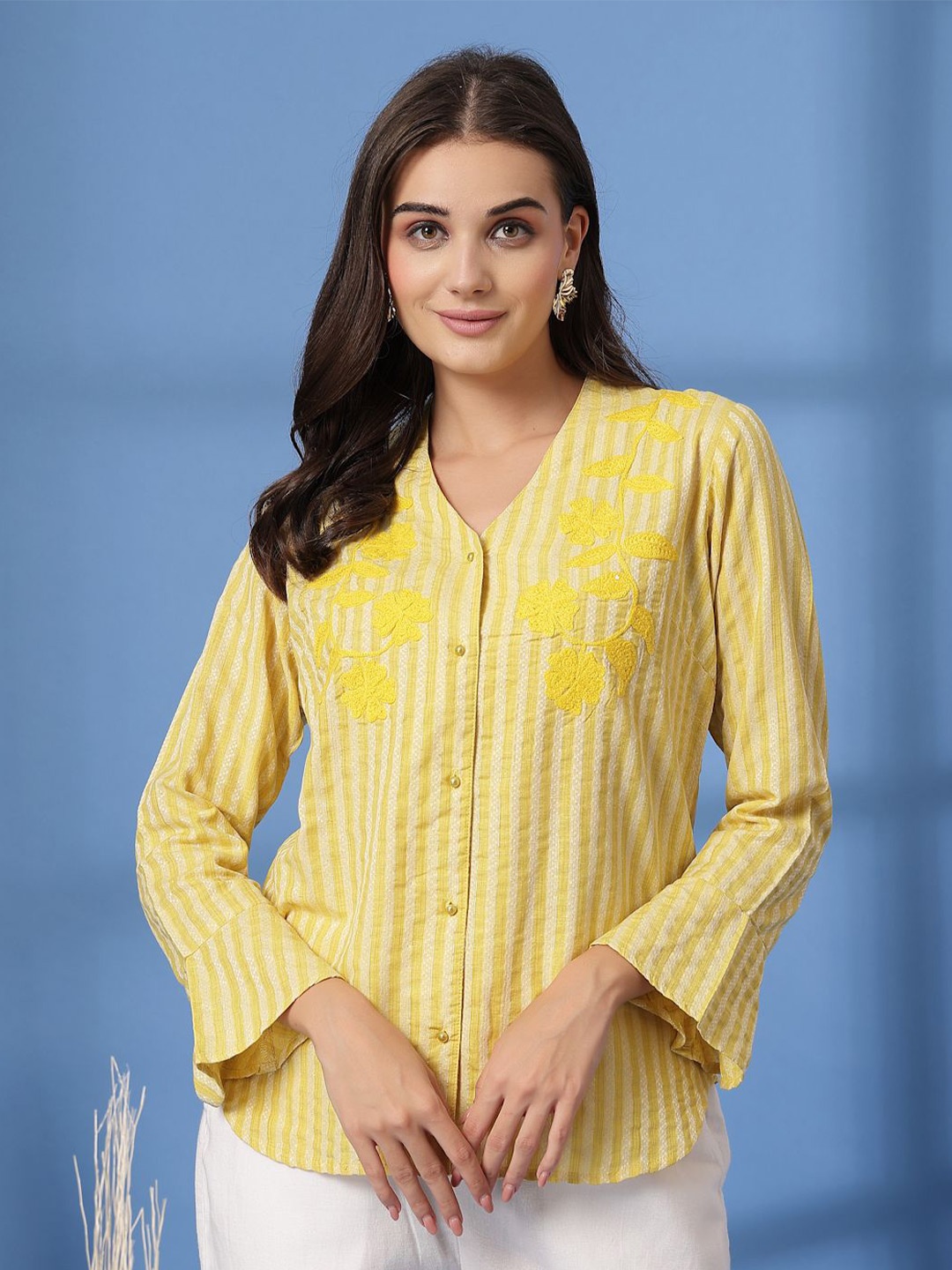 

plusS Women Collarless Vertical Striped Cotton Casual Shirt, Yellow