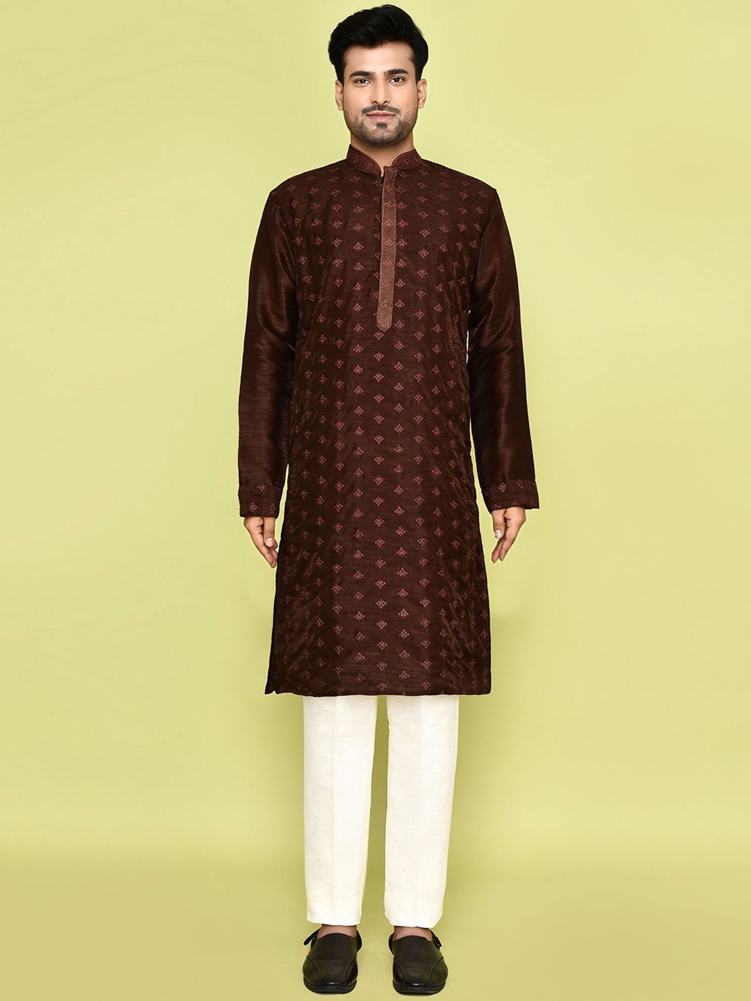 

Arihant Rai Sinha Ethnic Motifs Embroidered Regular Dupion Silk Kurta With Trouser, Brown