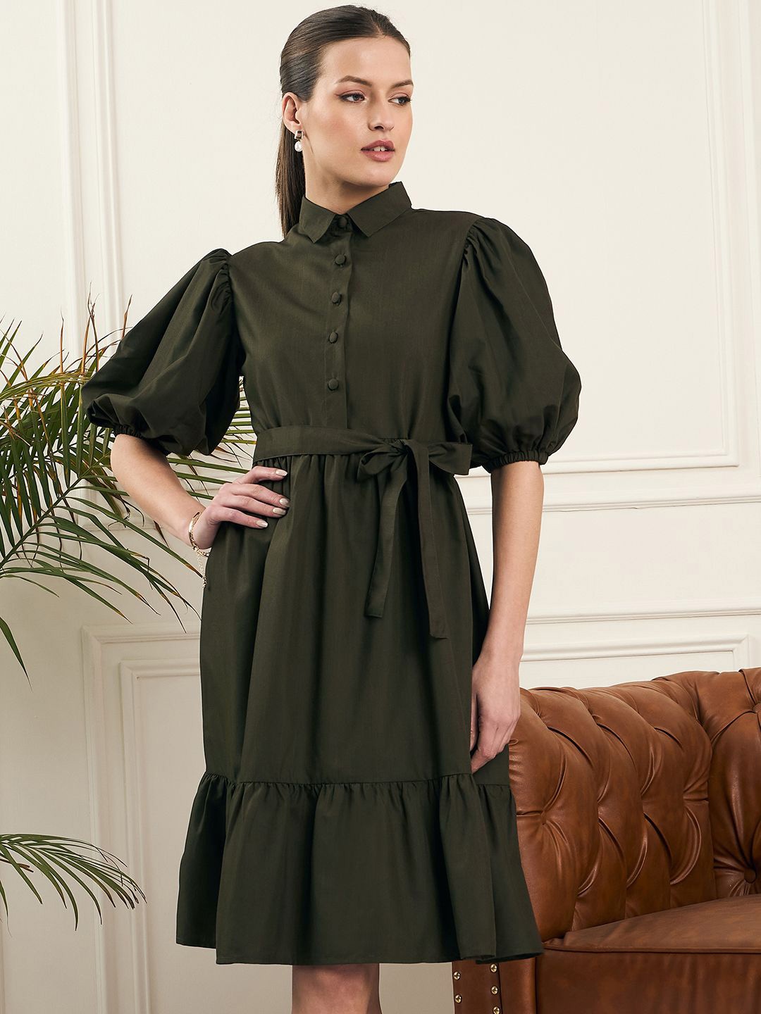 

Noi Women Puff Sleeve Shirt Collar Formal Fit & Flare Midi Dress, Olive