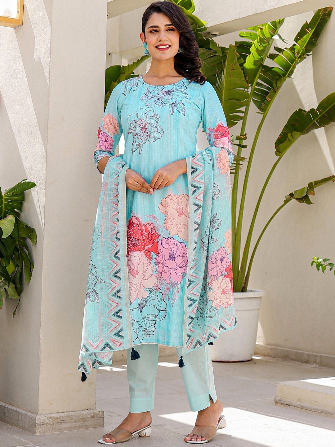 

all about you Floral Printed Beads and Stones Linen Kurta with Trouser & Dupatta, Blue