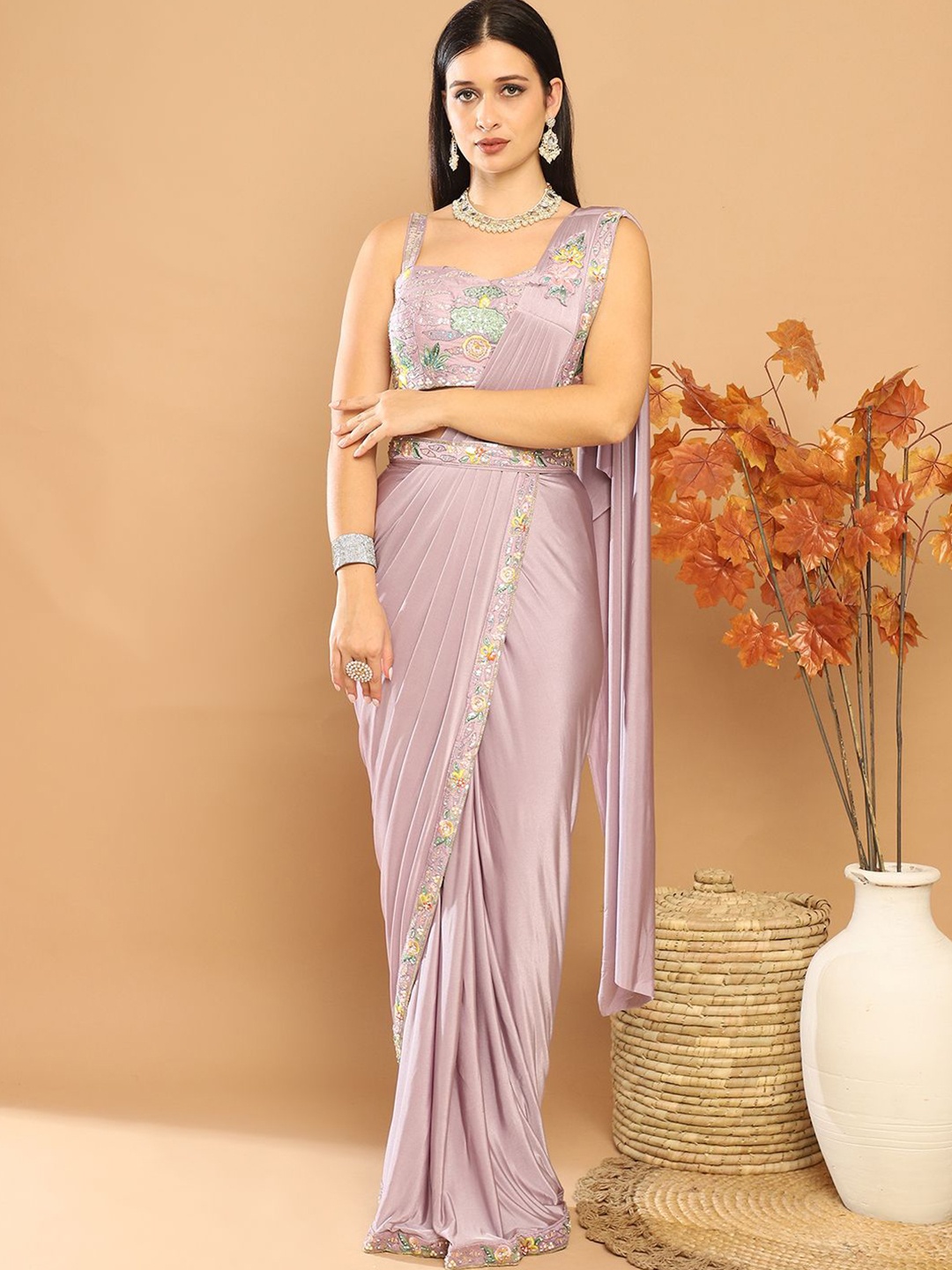 

Mitera Floral Embroidered Beads and Stones Ready to Wear Leheriya Saree, Mauve