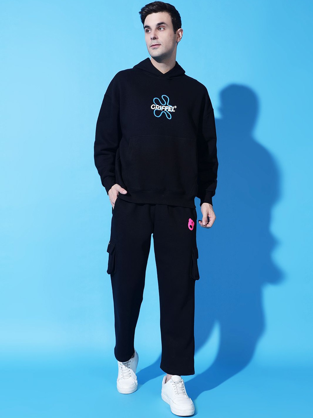

GRIFFEL Men Printed Oversized Hooded Tracksuit, Black