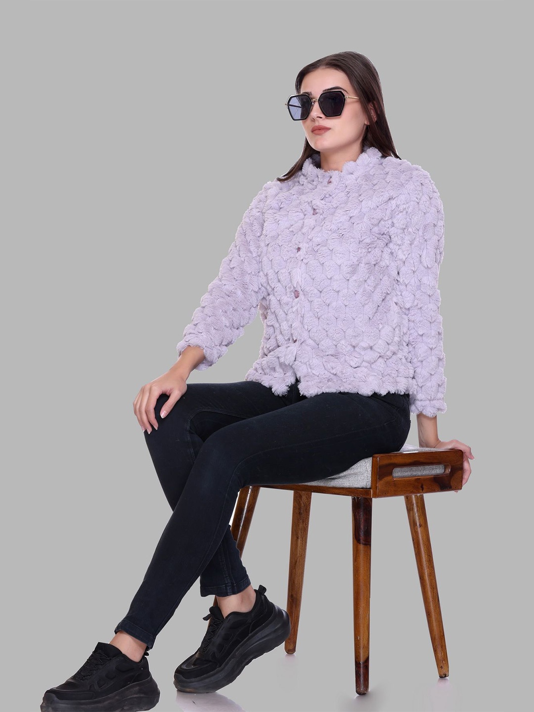 

Gouri Women Self Design Woollen Cardigan, Purple