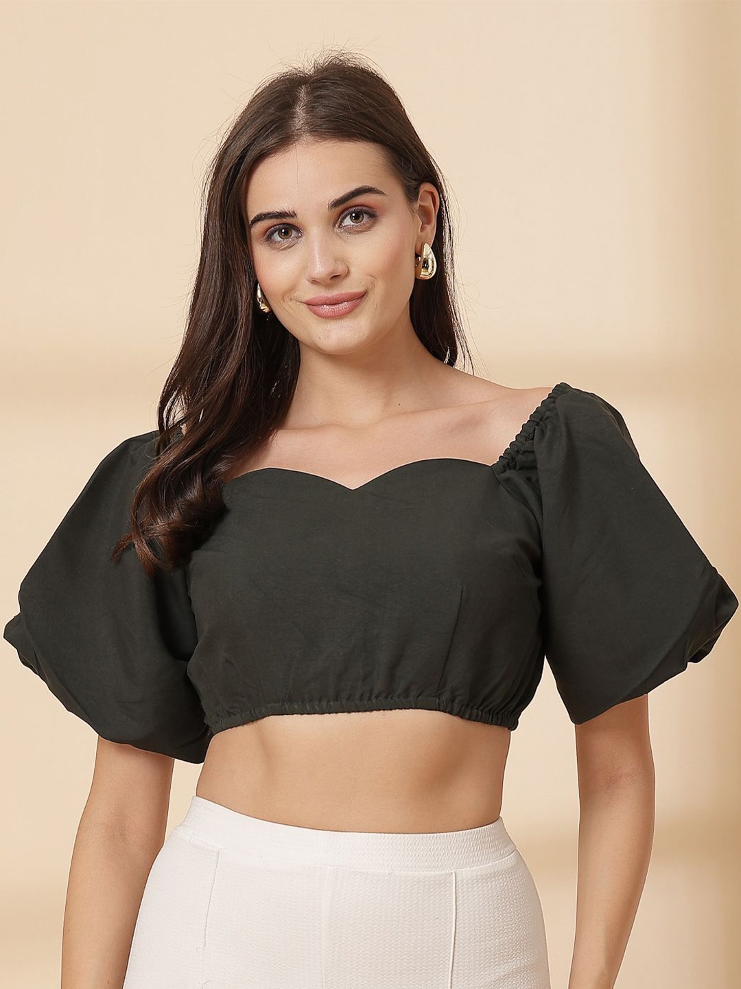 

plusS Cotton Sweetheart Neck Crop Top, Black