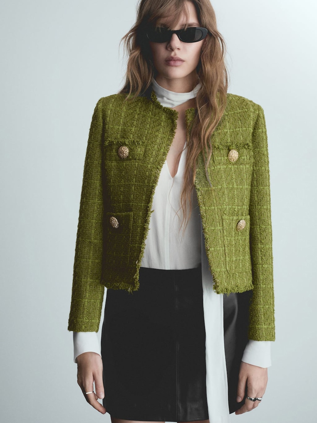 

MANGO Tweed Open Front Jacket, Olive