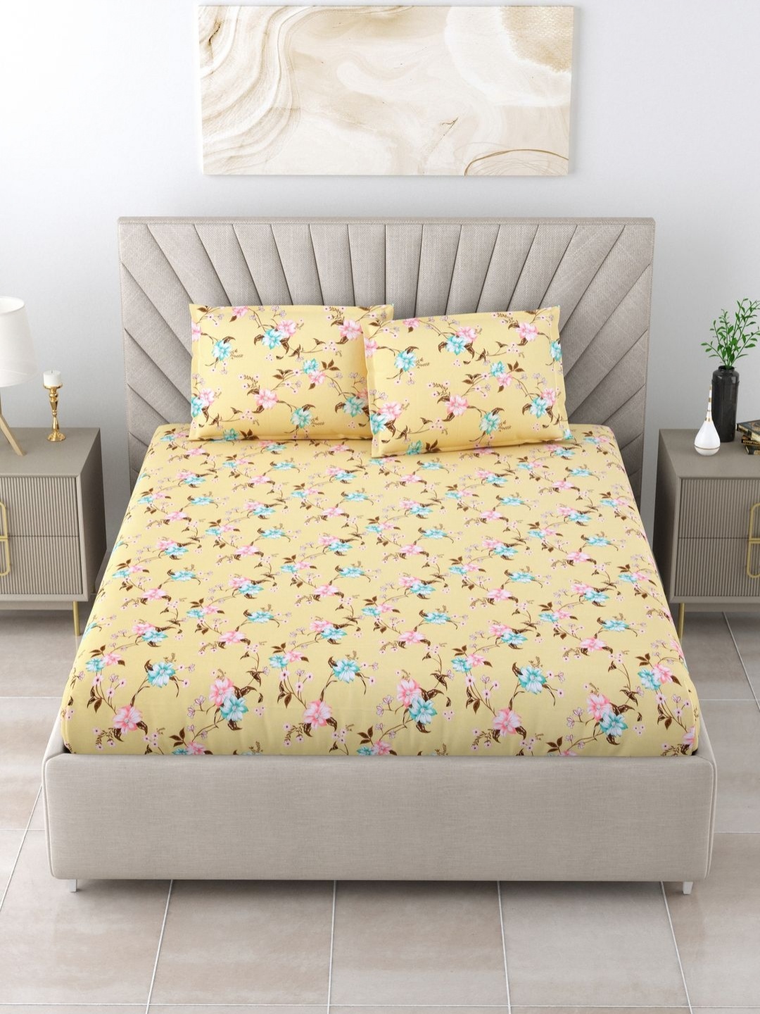 

BOMBAY DYEING Yellow & Pink Floral 144 TC Pure Cotton Queen Bedsheet Set 2.28m x 2.54m