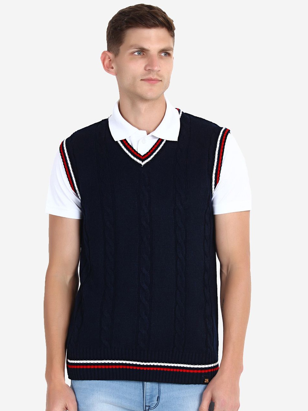 

JoE Hazel Men V-Neck Cable Knit Sweater Vest, Navy blue