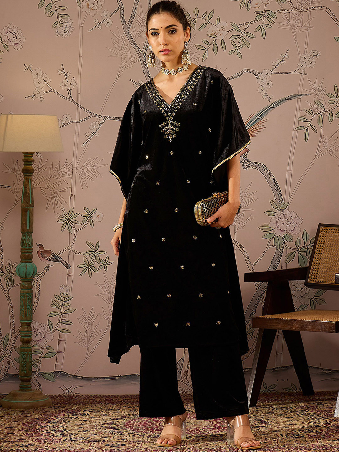 

Shae by SASSAFRAS Floral Embroidered V-Neck Three-Quarter Sleeves Kaftan Velvet Kurta, Black