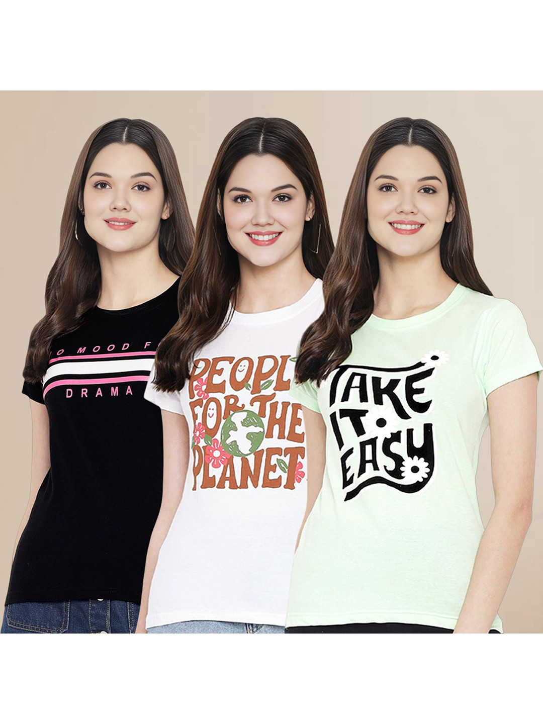 

Metronaut Women Pack Of 3 Typography Printed Round Neck Cotton T-shirts, Black
