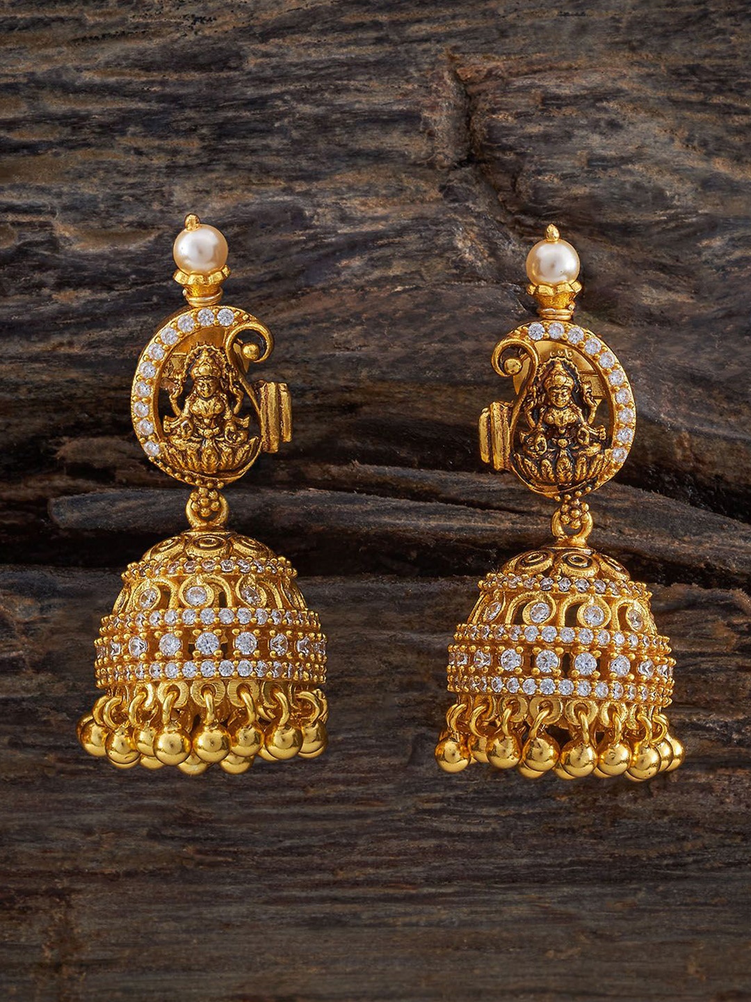 

Kushal's Fashion Jewellery 92.5 Pure Silver Gold-Plated Dome Shaped Jhumkas Earrings, White