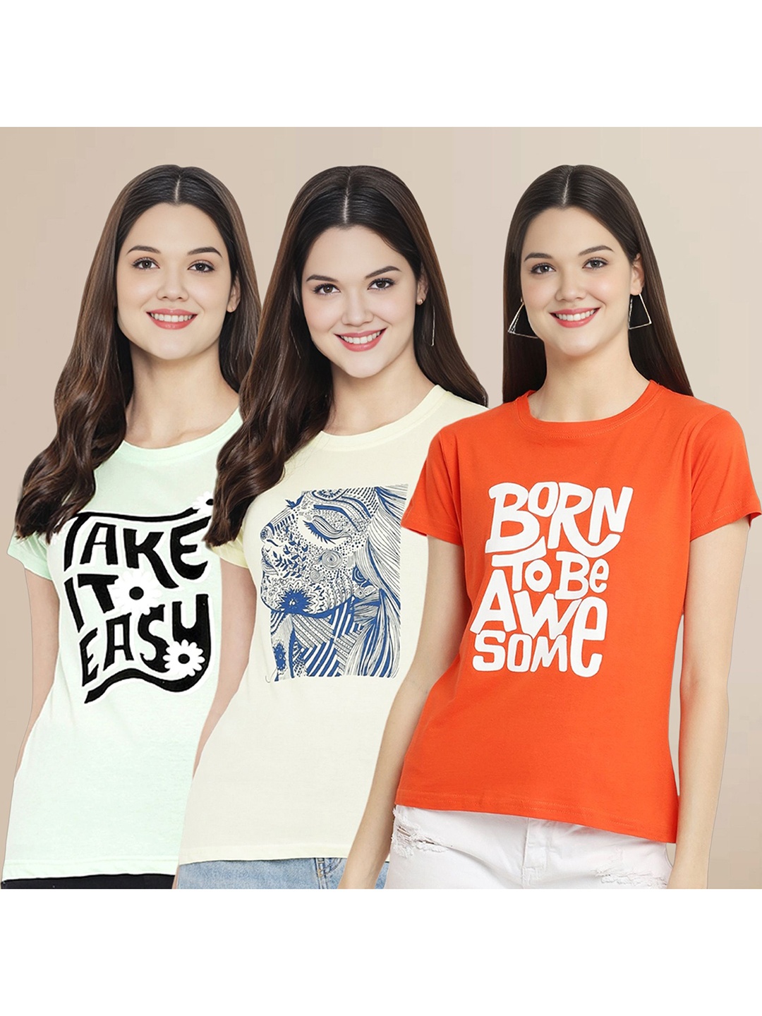 

Metronaut Women Pack Of 3 Typography Printed Round Neck Cotton T-shirts, Lime green