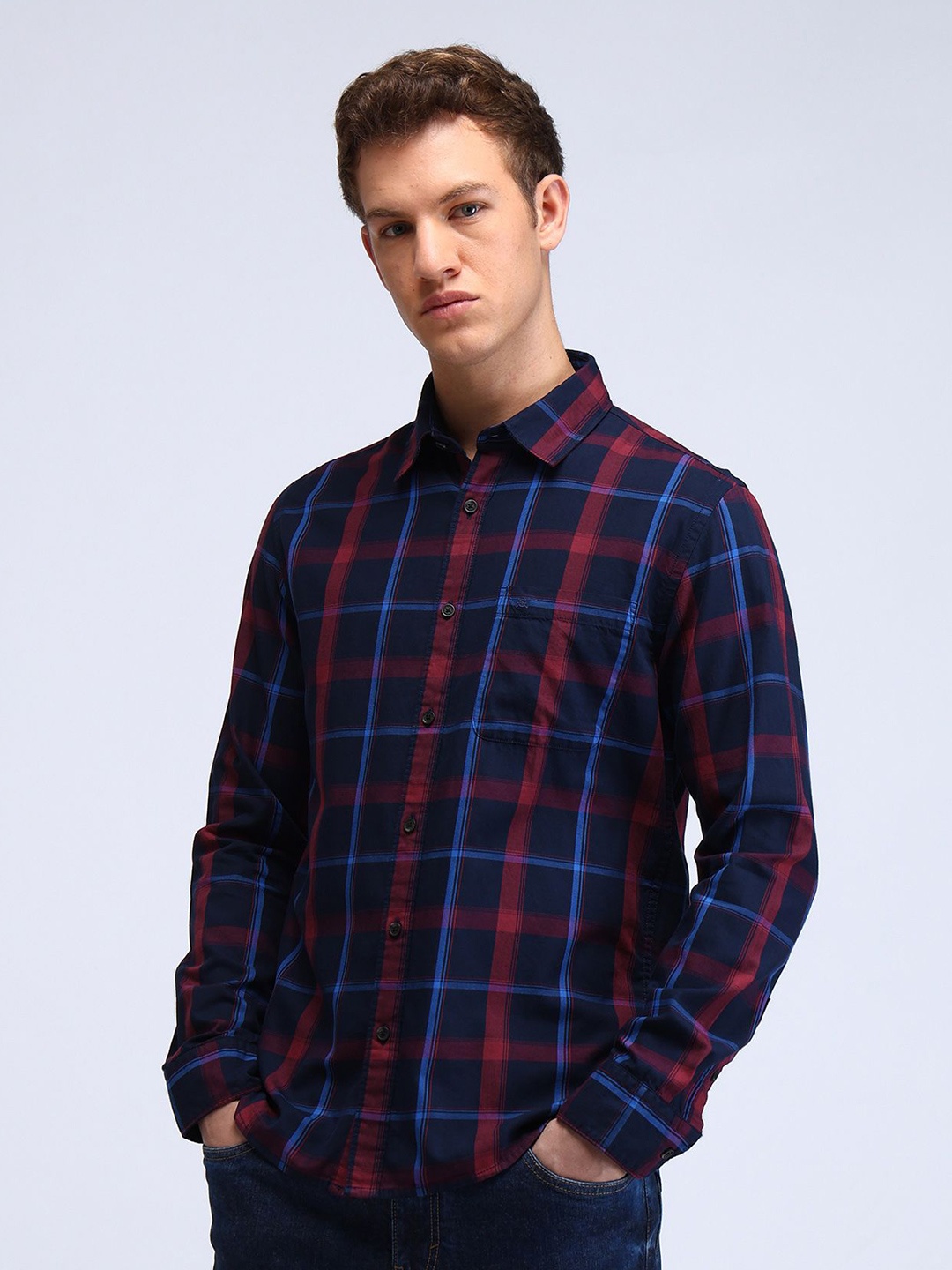 

Flying Machine Men Manhattan Spread Collar Tartan Checked Cotton Slim Fit Casual Shirt, Navy blue