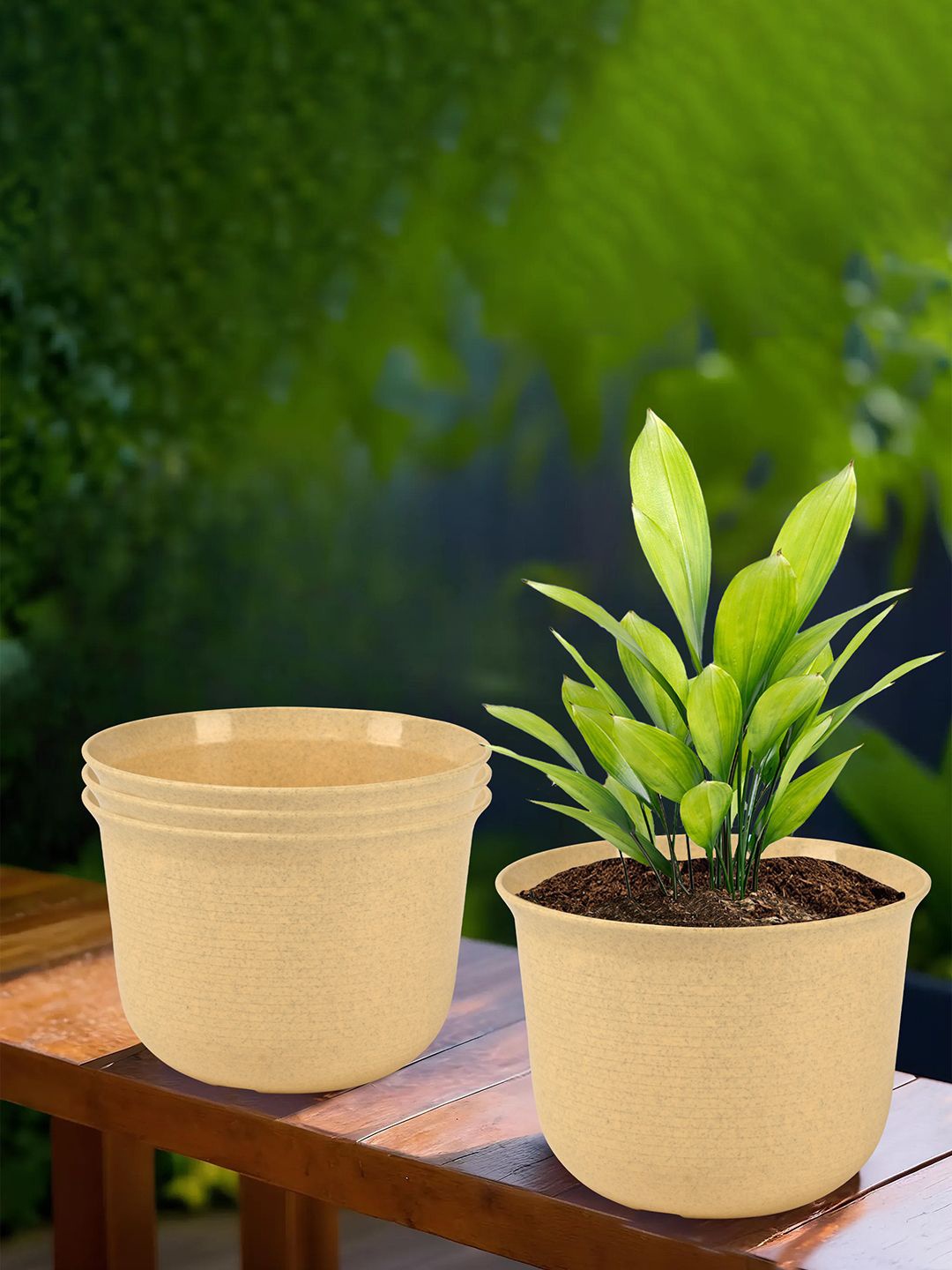 

Kuber Industries Beige 4 Pieces Textured Flower Pots With Plates