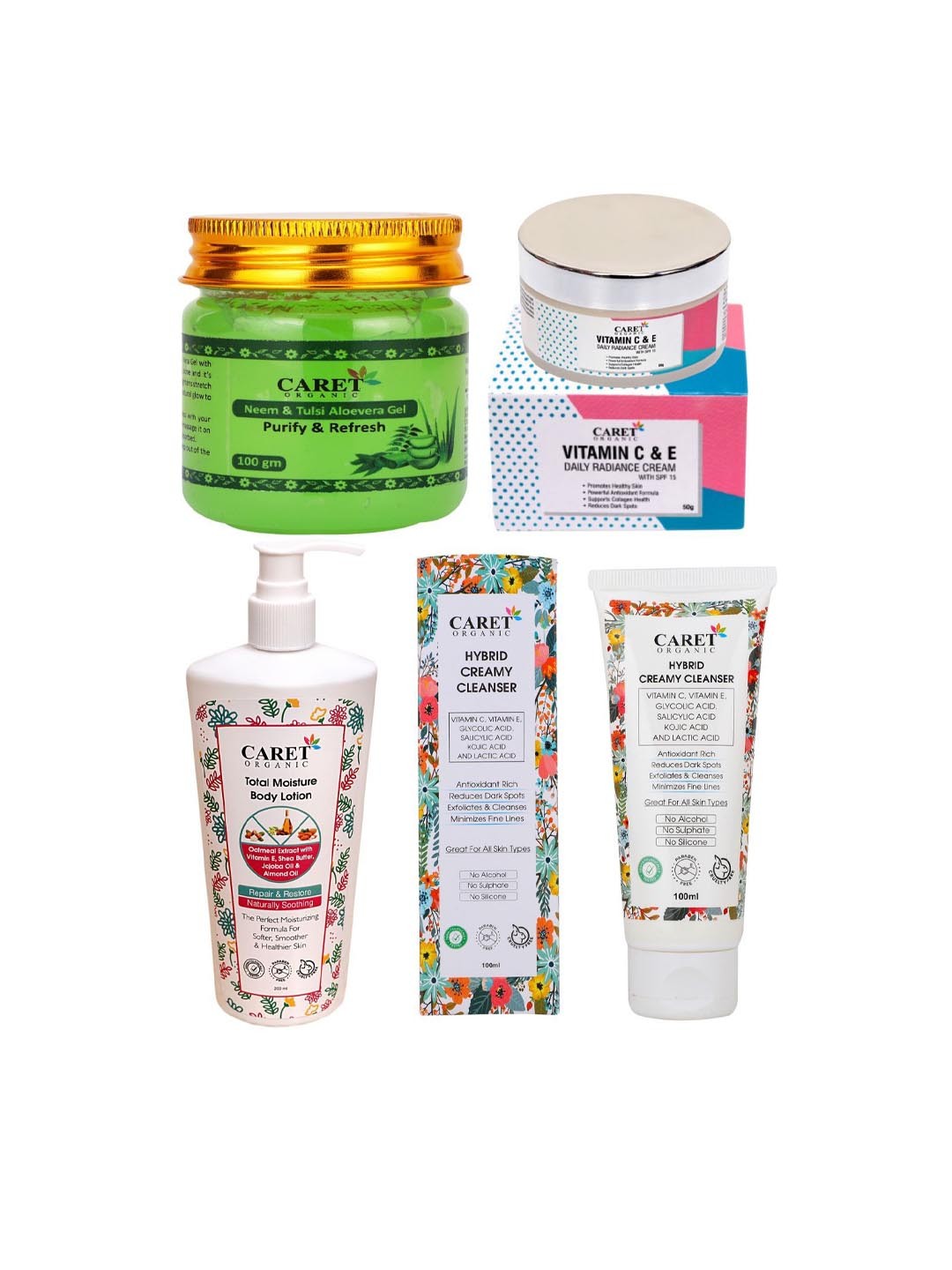 

CARET ORGANIC Set Of 4 Aloevera Gel + Vitamin C E Cream + Body Lotion + Creamy Cleanser, Multi