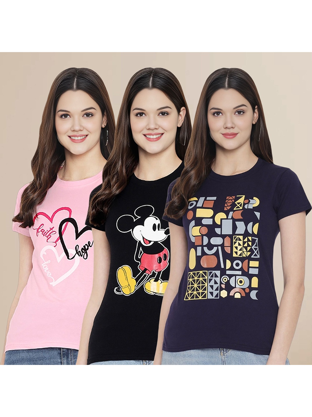 

Metronaut Women Pack Of 3 Typography Printed Round Neck Cotton Mickey Mouse T-shirts, Pink