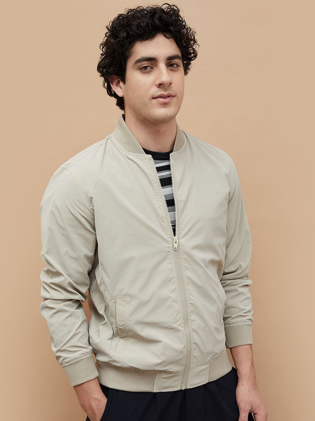 

Fame Forever by Lifestyle Men Stand Collar Solid Casual Bomber Jacket, Beige