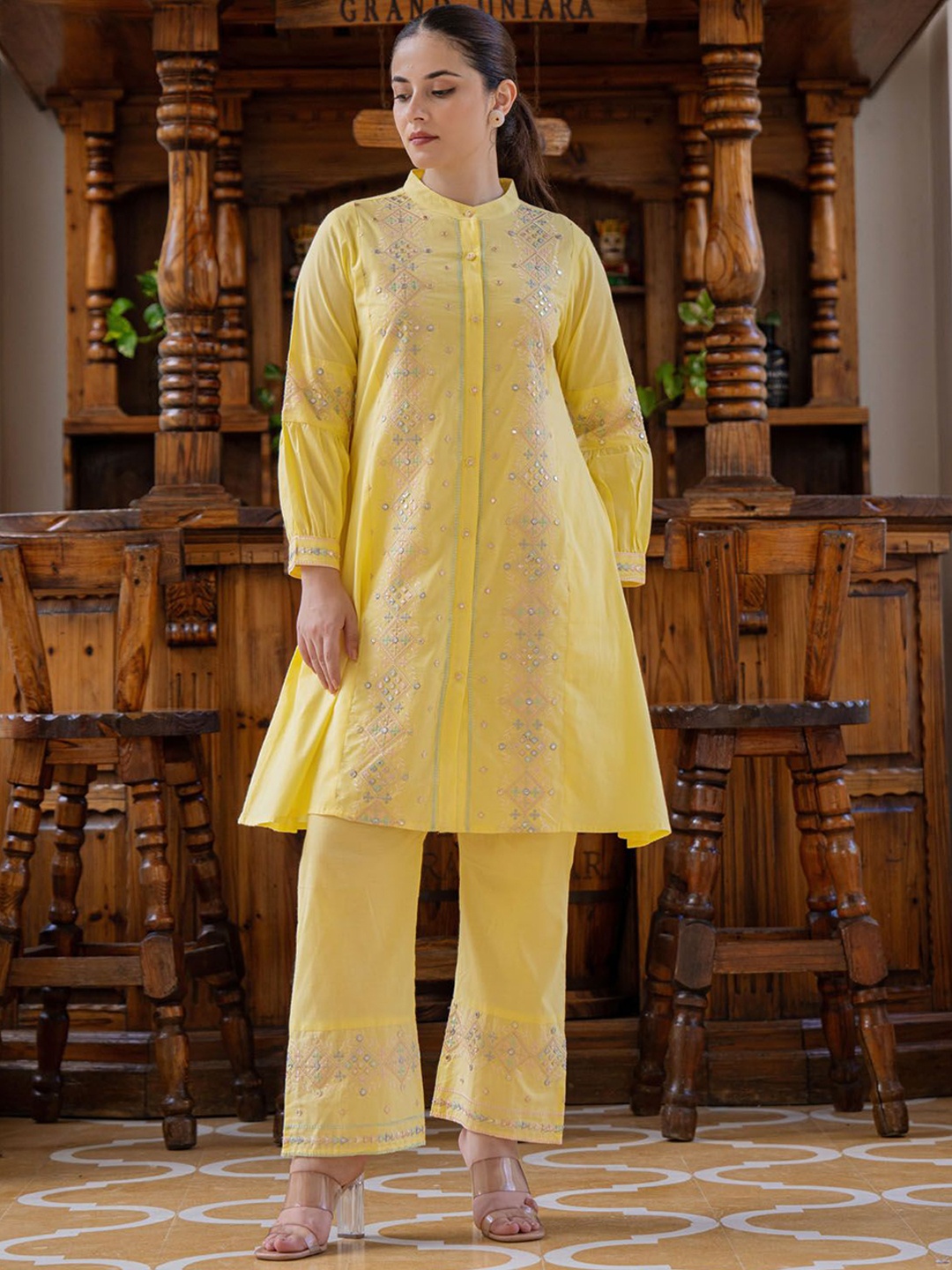 

FASHION DWAR Embroidered Pure Cotton Tunic With Trousers, Yellow