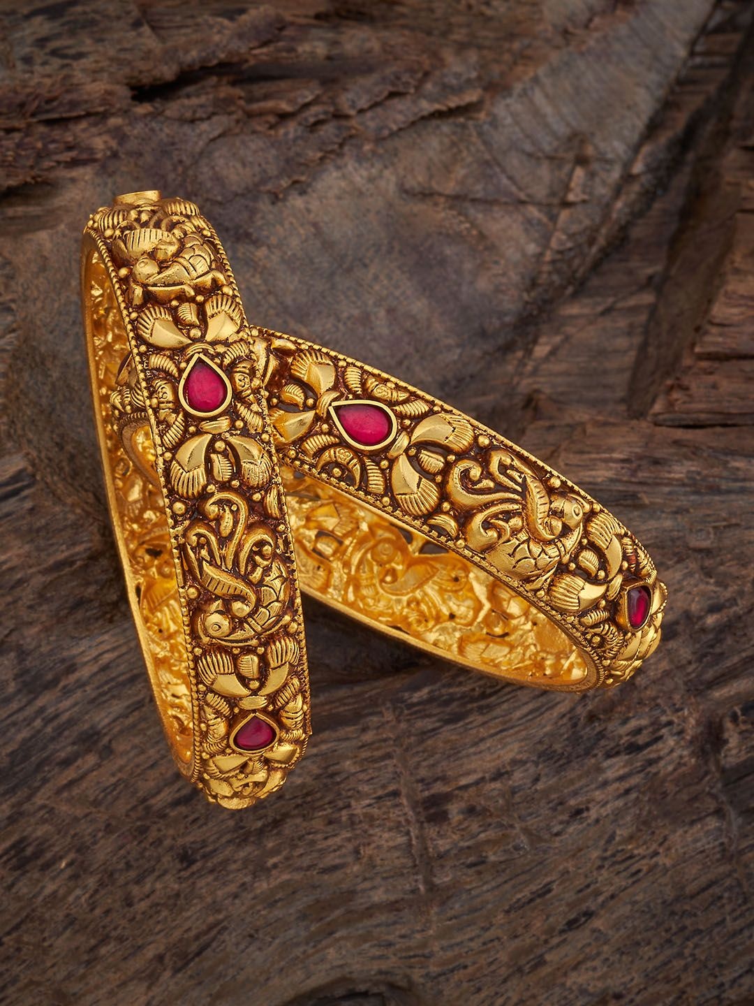 

Kushal's Fashion Jewellery Set Of 2 Gold-Plated 92.5 Pure Silver Stone-Studded Bangles