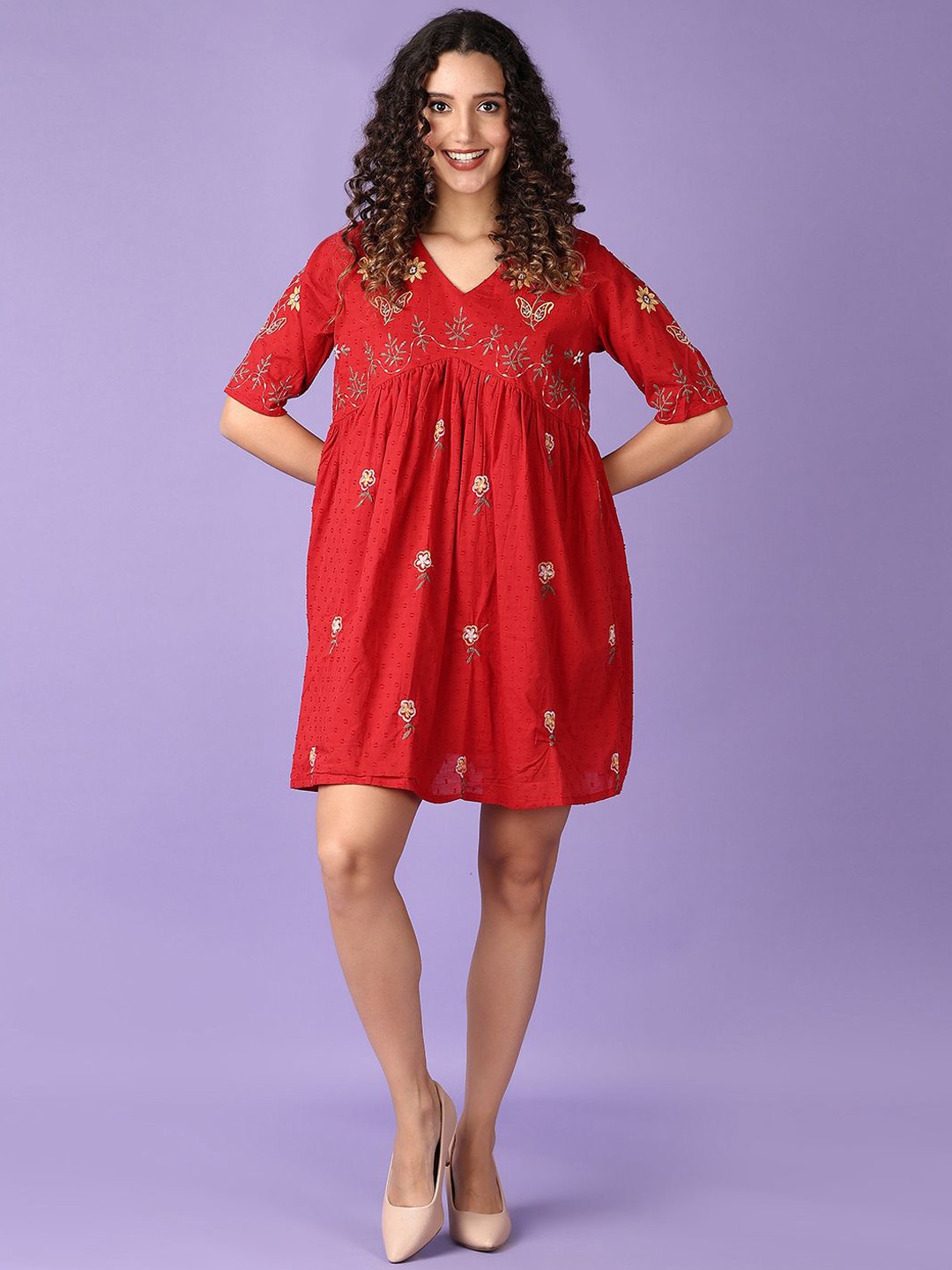 

V-Mart Embroidered Cotton V Neck Ethnic Dresses, Red