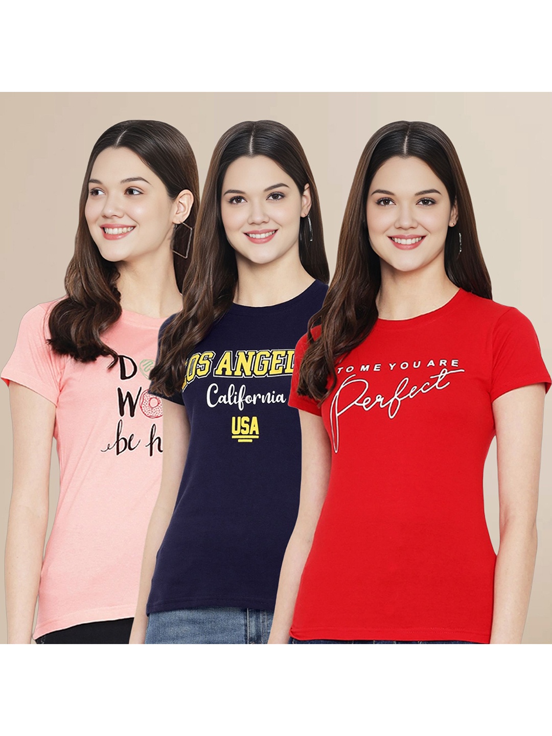 

Metronaut Women Pack Of 3 Typography Printed Round Neck Cotton T-shirts, Peach