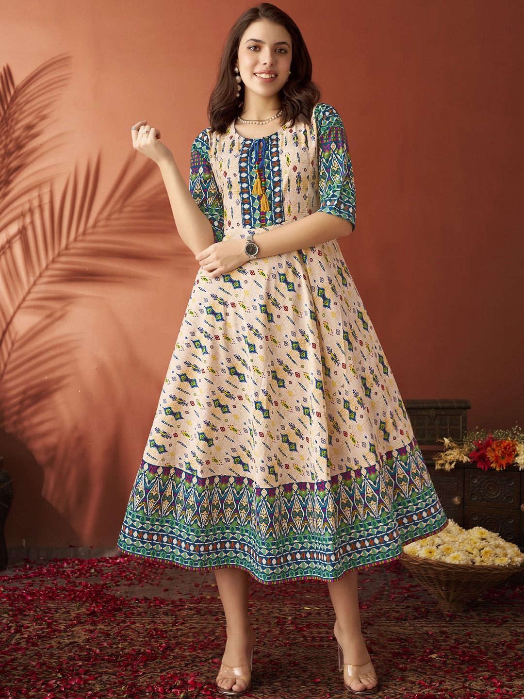 

Anouk Off White Ethnic Motifs Printed Round Neck Short Sleeves Liva Ethnic Dress