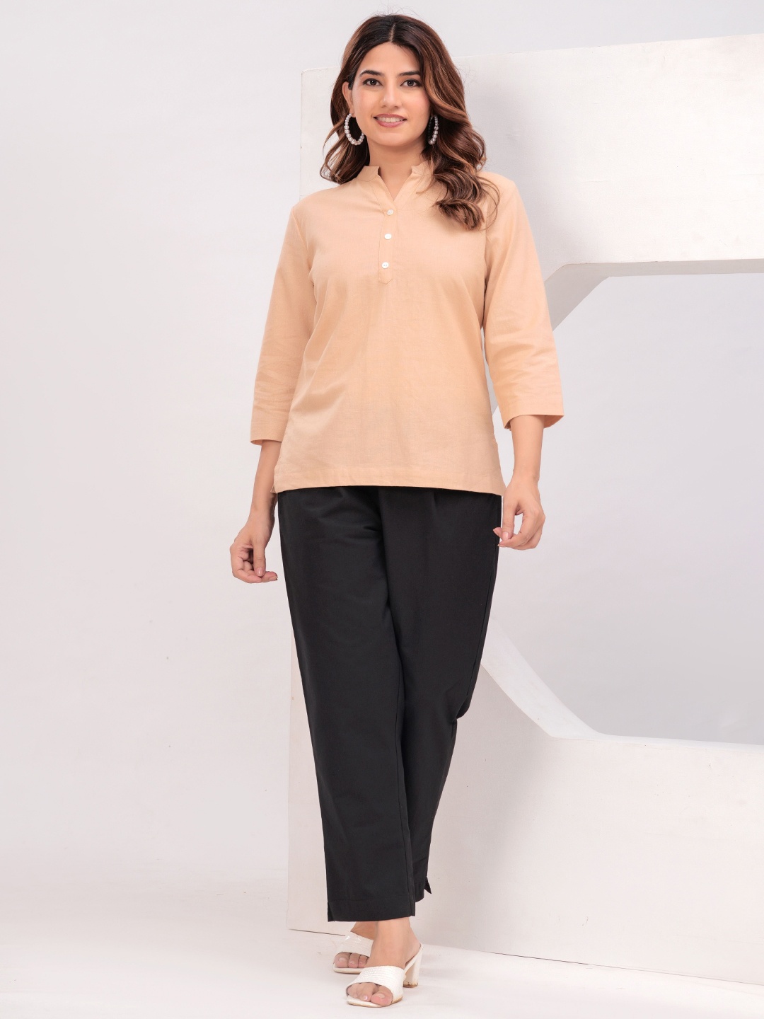 

KALINI Cotton Mandarin Collar Three-Quarter Sleeves Shirt Style Top, Beige