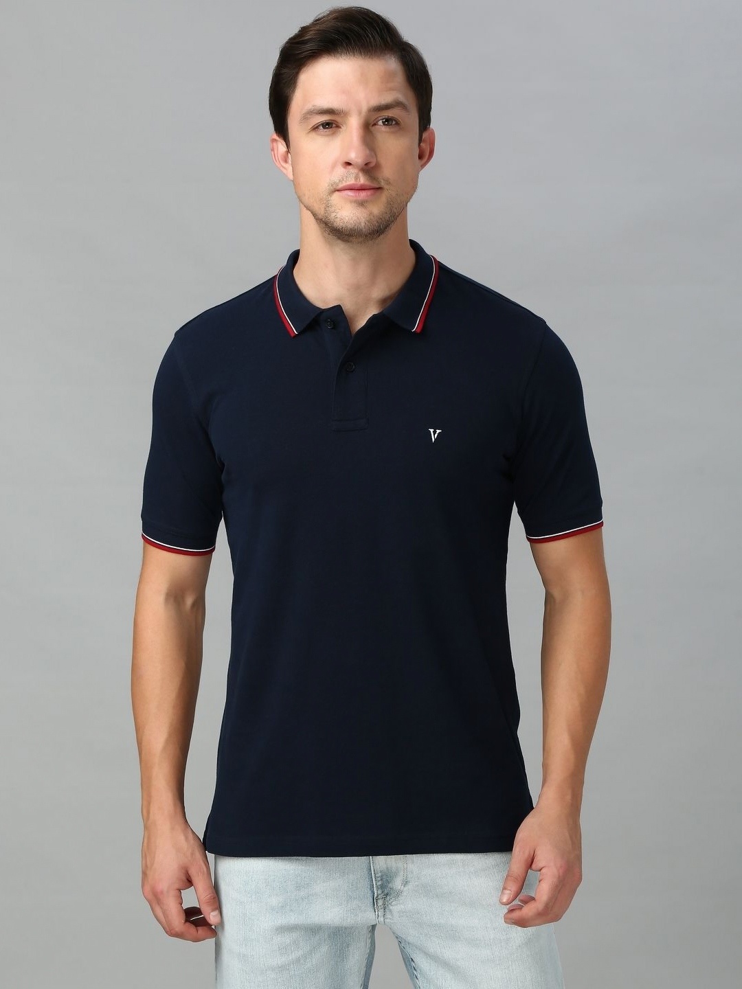 

Van Heusen Men Solid Polo Collar Pure Cotton T-shirt, Navy blue