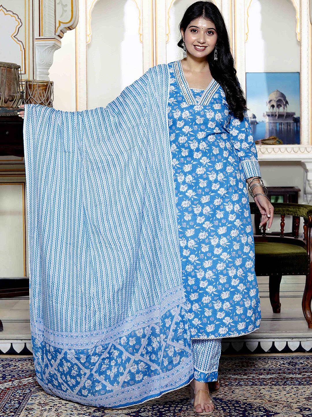 

FABISTA Floral Printed Pure Cotton Straight Kurta with Trouser & Dupatta, Blue