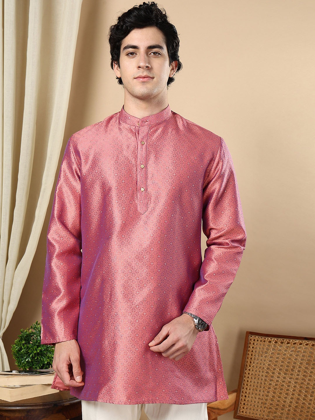 

TATTVA Mandarin Collar Embellished Beads and Stones Straight Kurta, Pink