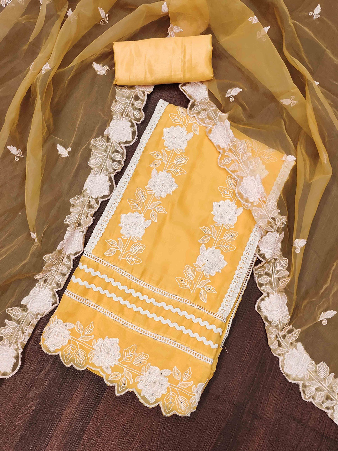 

KALINI Floral Embroidered Beads & Stones Organza Unstitched Dress Material, Yellow