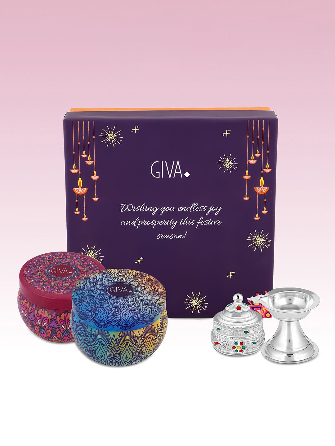 

GIVA Blue 4Pcs 925 Sterling Silver Diya Kumkum Box & Candles Gifts Set