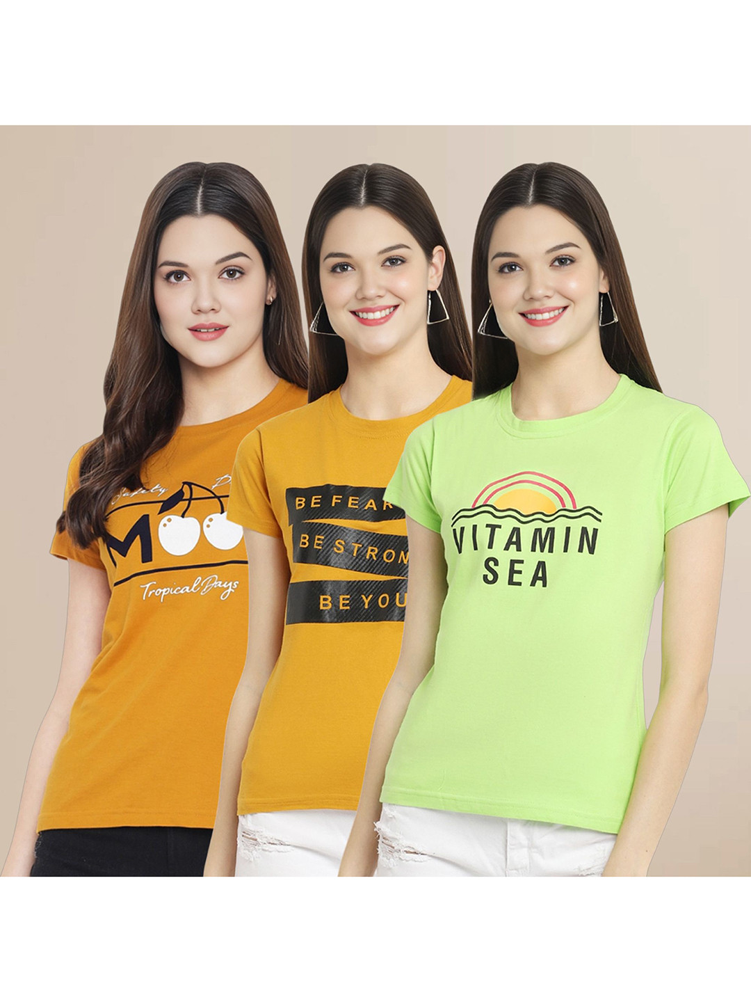 

Metronaut Women Pack Of 3 Typography Printed Round Neck Cotton T-shirts, Mustard