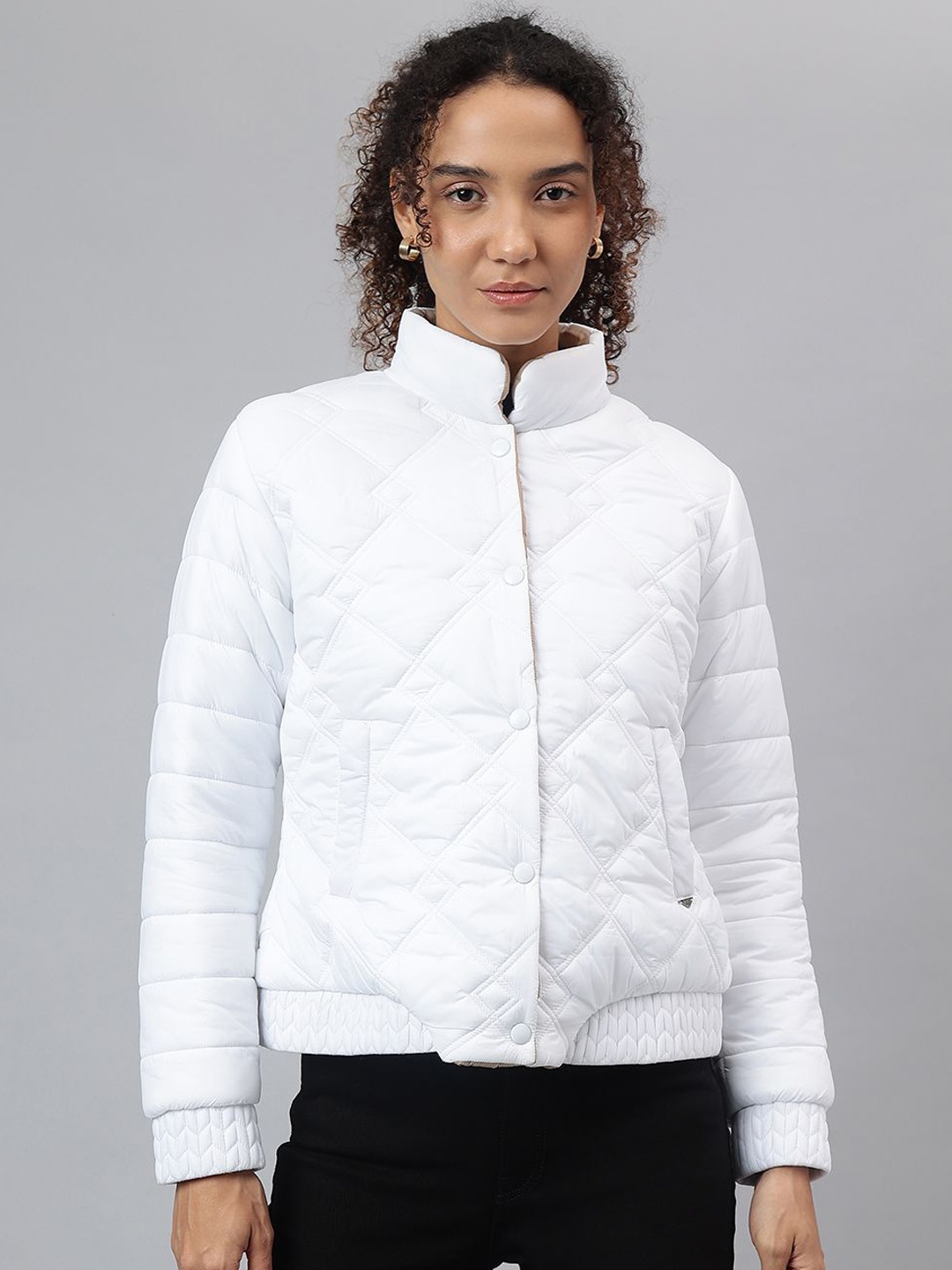 

Richlook Women Stand Collar Solid Casual Quilted Jacket, White