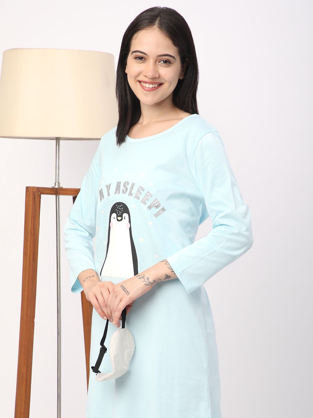 

R&B Printed Pure Cotton Round Neck Long Sleeves Nightdress, Blue