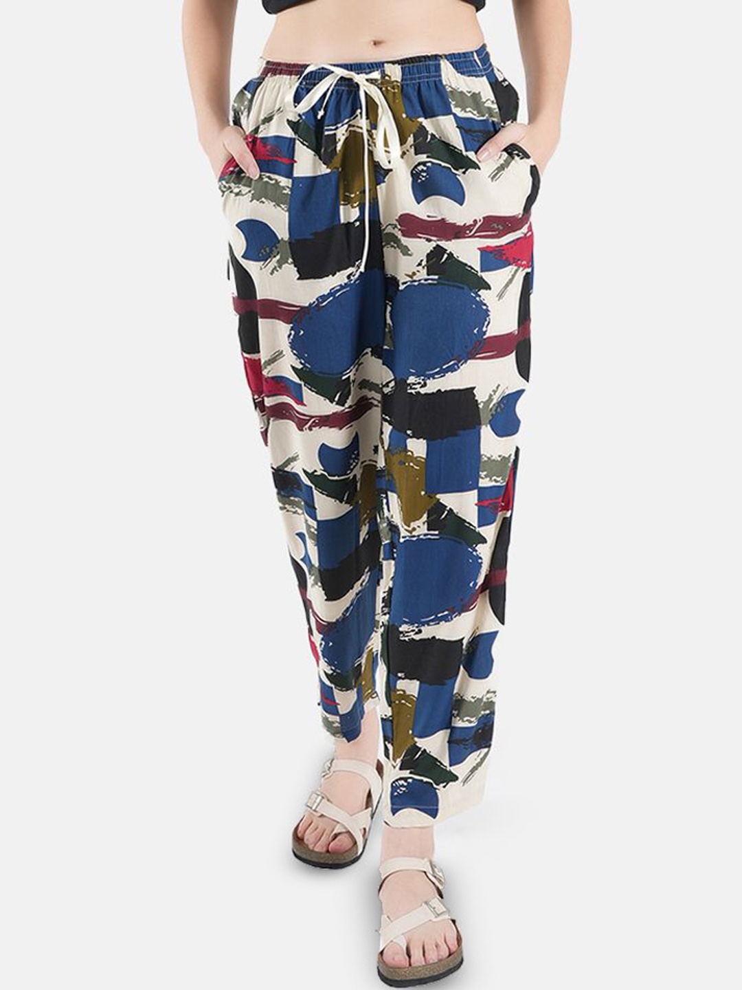 

Jandir Fashion Women Abstract Printed Mid Rise Regular Trousers, Blue