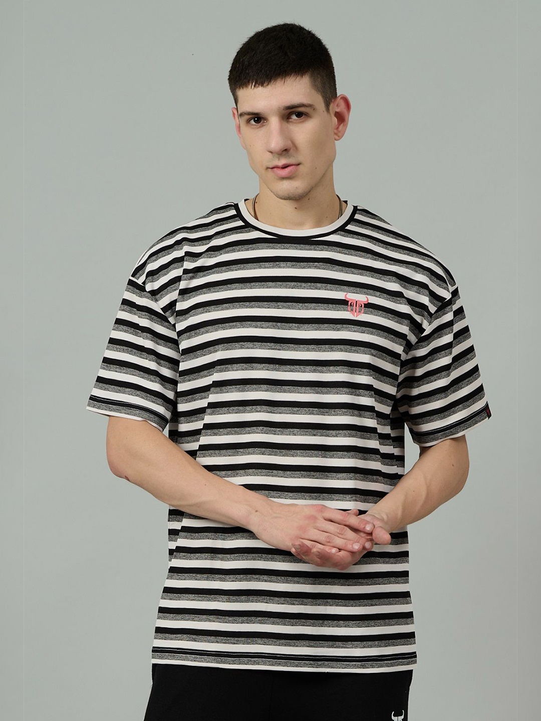 

GO DEVIL Men Striped Round Neck Cotton Relaxed Fit T-shirt, Black